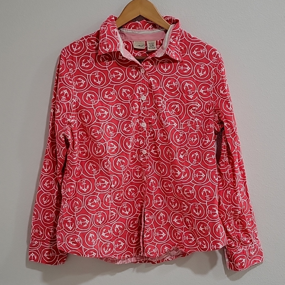 LL Bean Anchor Print Bright Coral Long Sleeve Button Up Shirt Sz XL